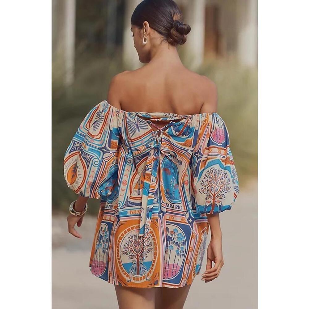 FARM Rio Off-The-Shoulder Cover-Up Mini Dress Tie Back Size M Multicolor - Picture 3 of 3